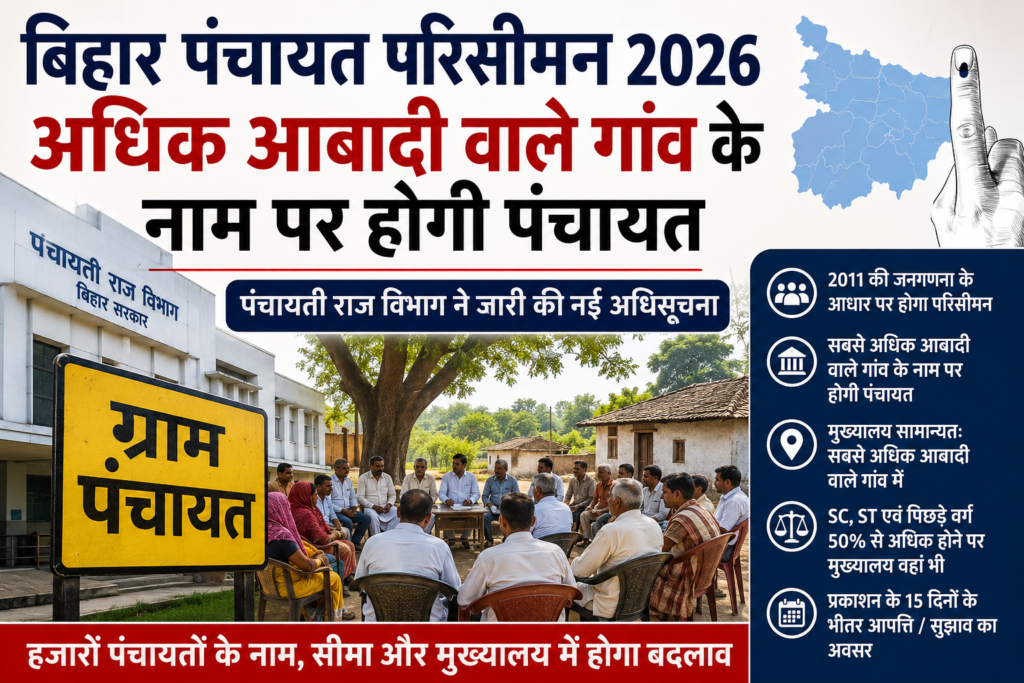 बिहार पंचायत परिसीमन की नई अधिसूचना, अधिक आबादी वाले गांव के नाम पर पंचायत गठन संबंधी समाचार।